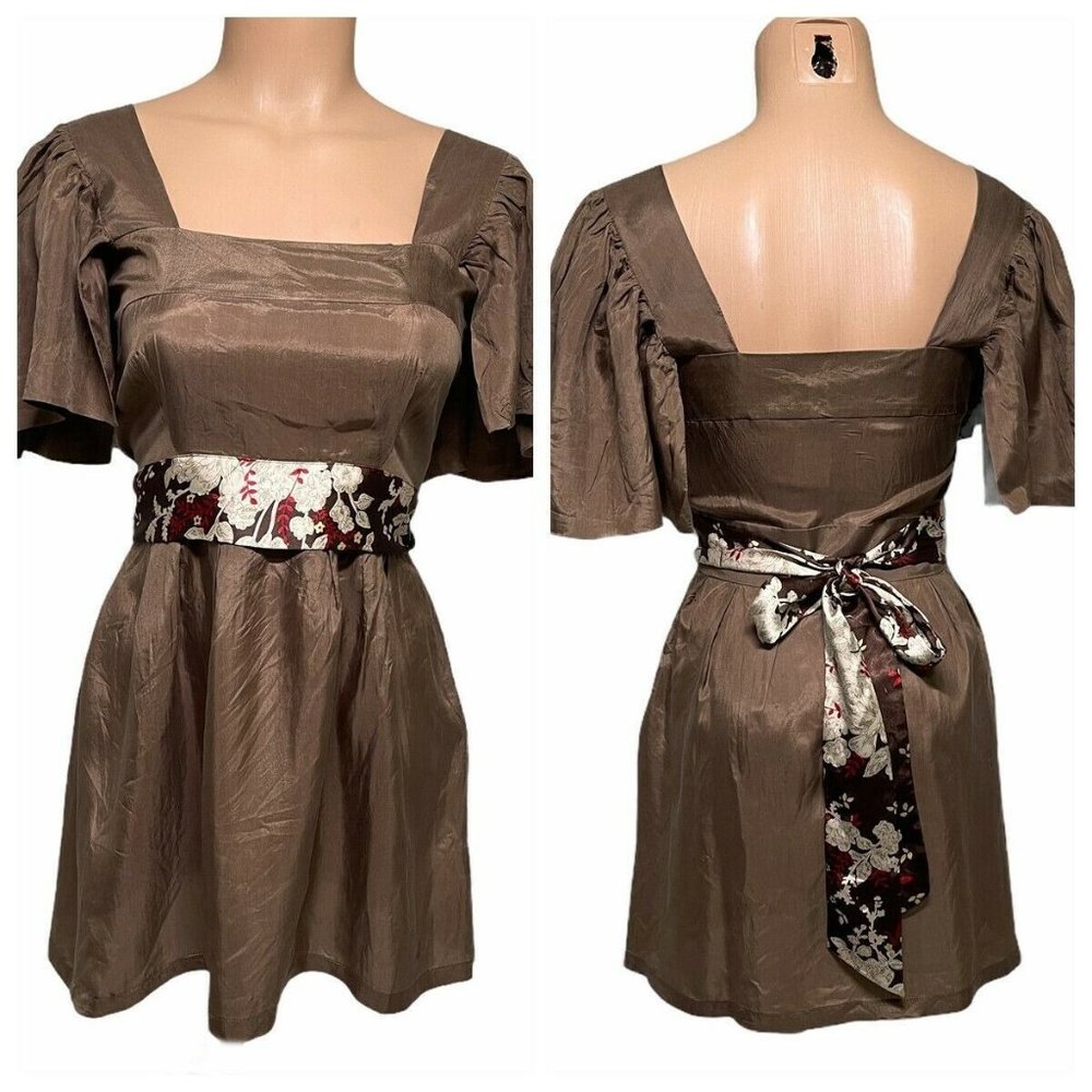 Miss Me 100% Silk Blouse sz Sm Womens Flutter Sleeve Floral Waist Babydoll Top